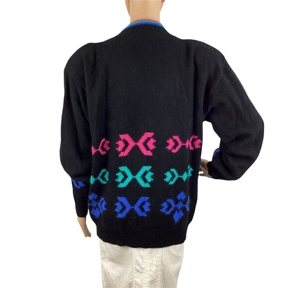 Vintage Izod Club Sweater Size L Black Angora Wool Blend V-Neck Shoulder Pads - Picture 5 of 6